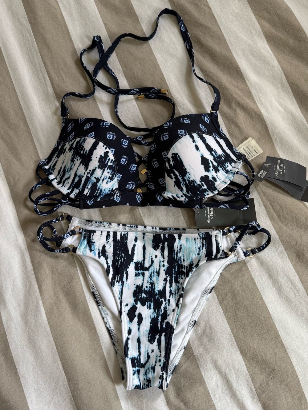 Abercrombie & Fitch Blue, White & Aqua Tie-Dye Bikini Bottom with Gold Logo